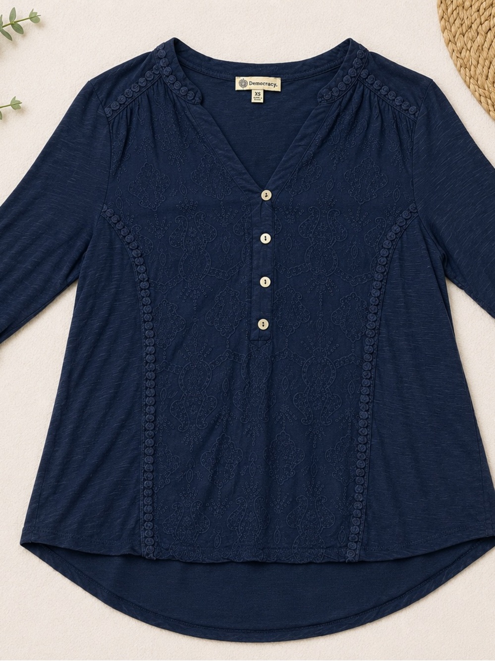 Democracy Navy V-Neck Embroidered Button Henley - Picture 4 of 4